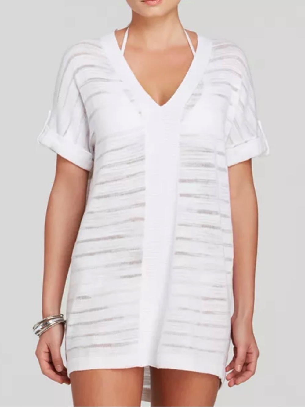 Tommy Bahama White Pointelle Beach Sweater Coverup M Open Front Floral Crochet